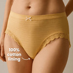 Mustard yellow underwear with lace trim and 100% cotton lining text.